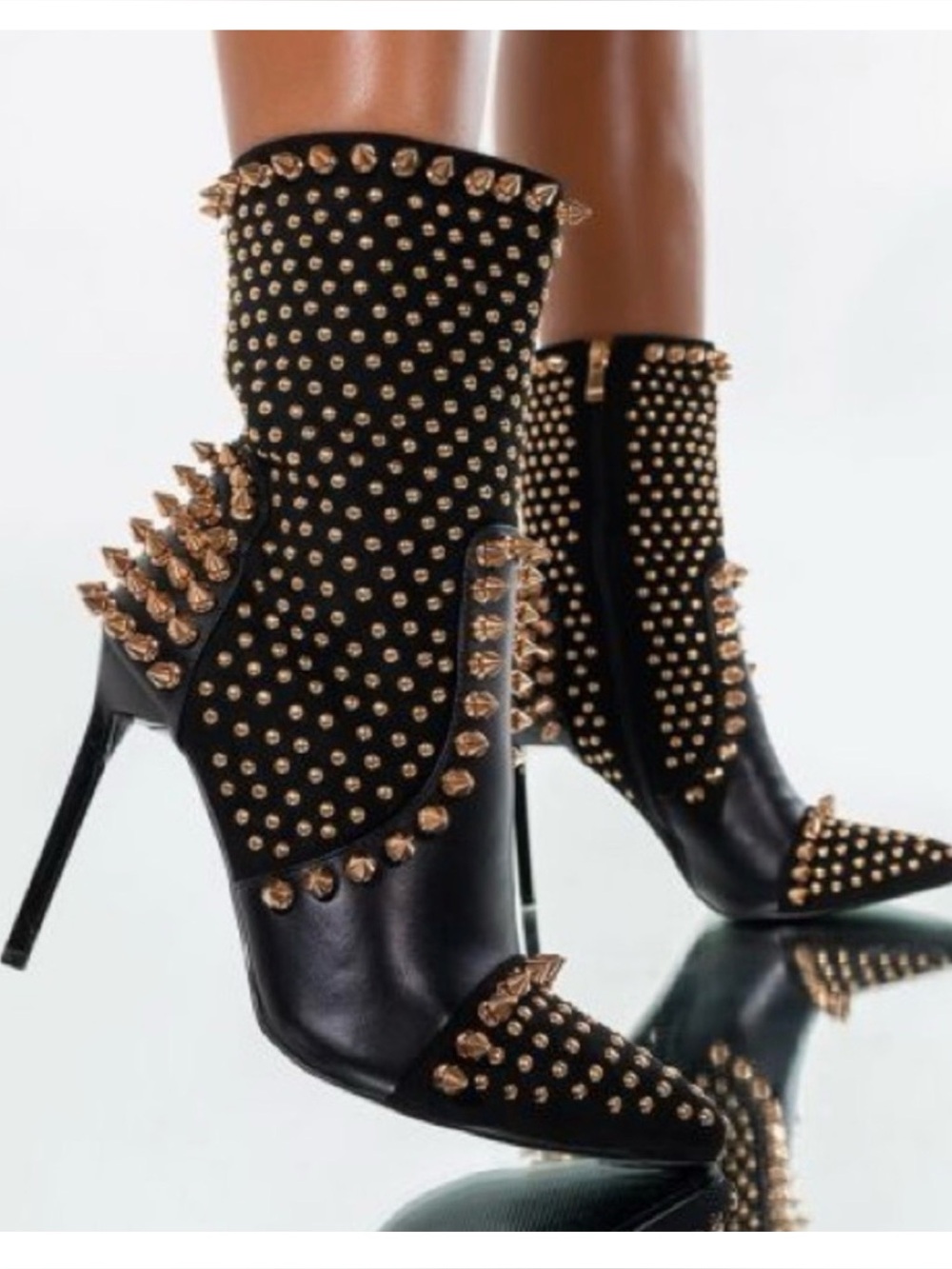 Black Studded Pointed-Toe Stiletto Ankle Boots with Gold Spikes